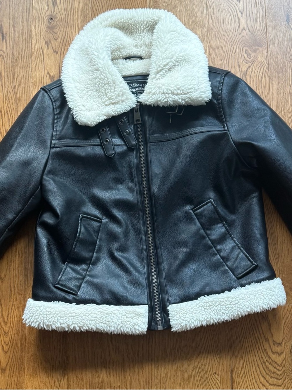Levi's Black Faux Leather Puffer Jacket with Cream Sherpa Trim